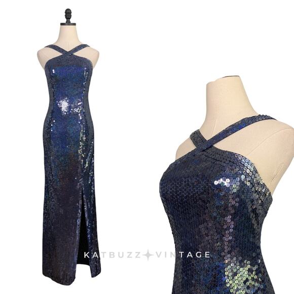 Vintage Papell Prom Dress Maxi Gown 6 Blue Sequin 90s Glam Pageant Hollywood